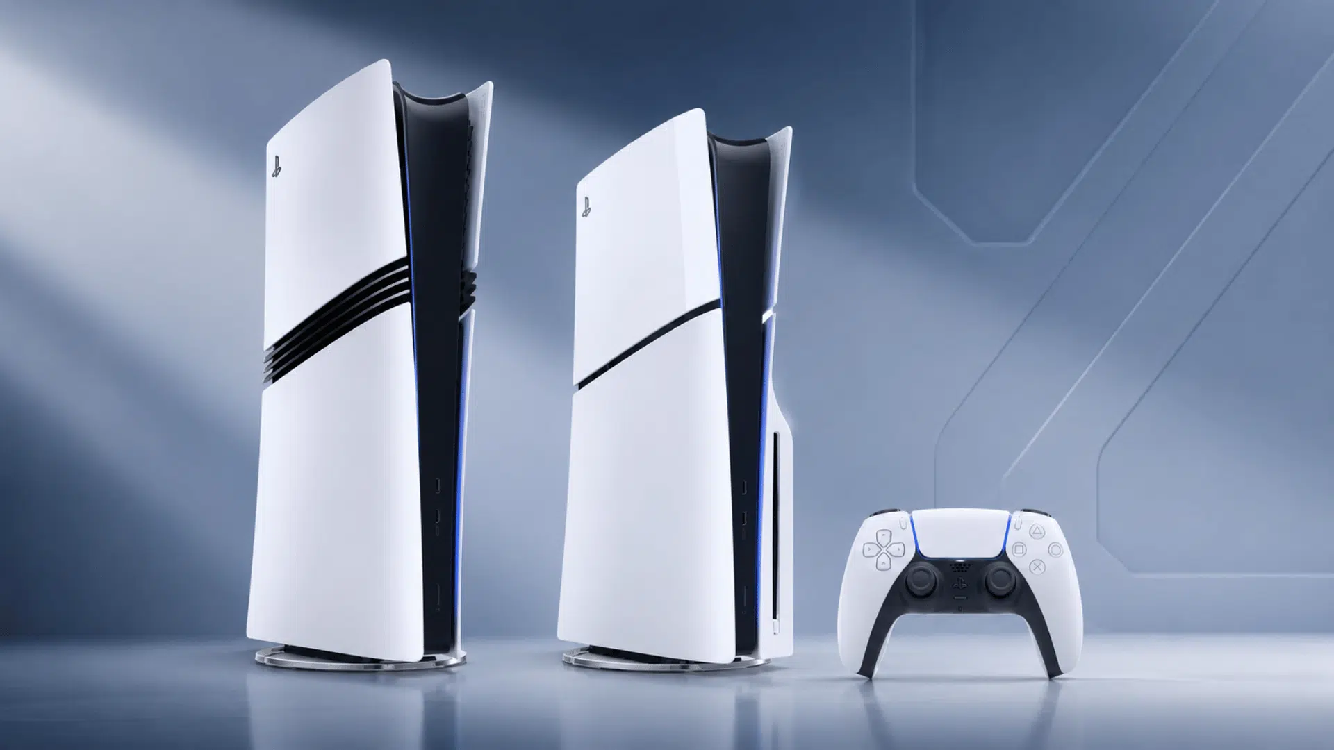 ps5 and ps5 pro consoles with controller comparison setup