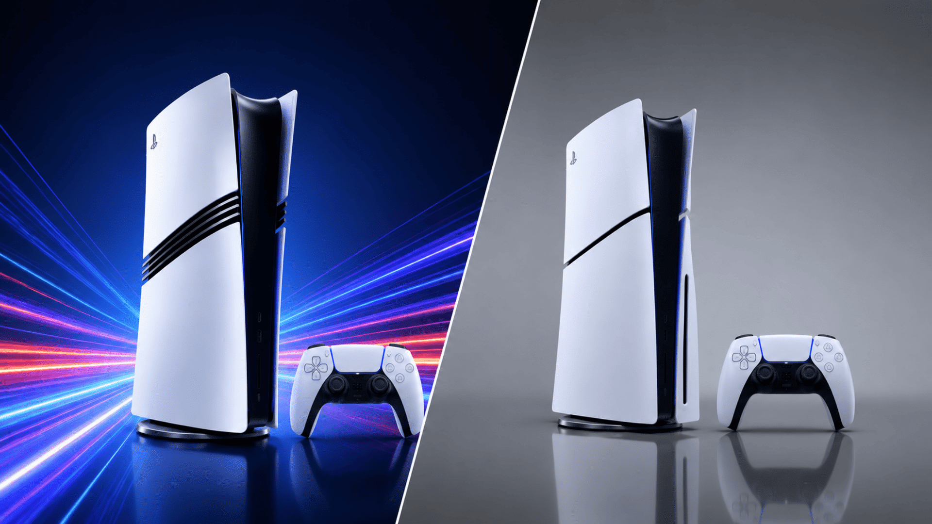 ps5 pro and ps5 consoles comparison with controllers