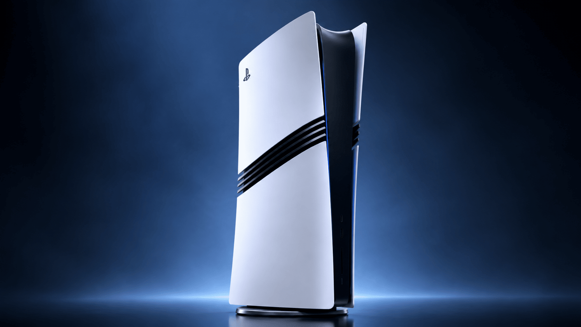 ps5 pro console displayed on a dark blue futuristic background