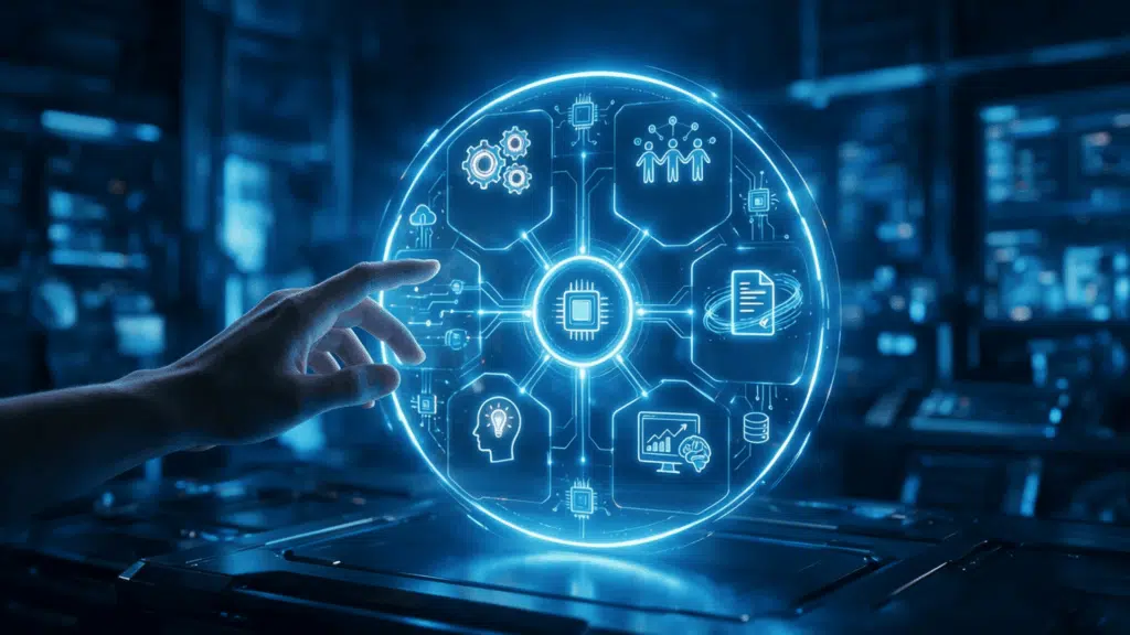 Futuristic AI-powered automation interface glowing on a digital screen in a modern technology environment.