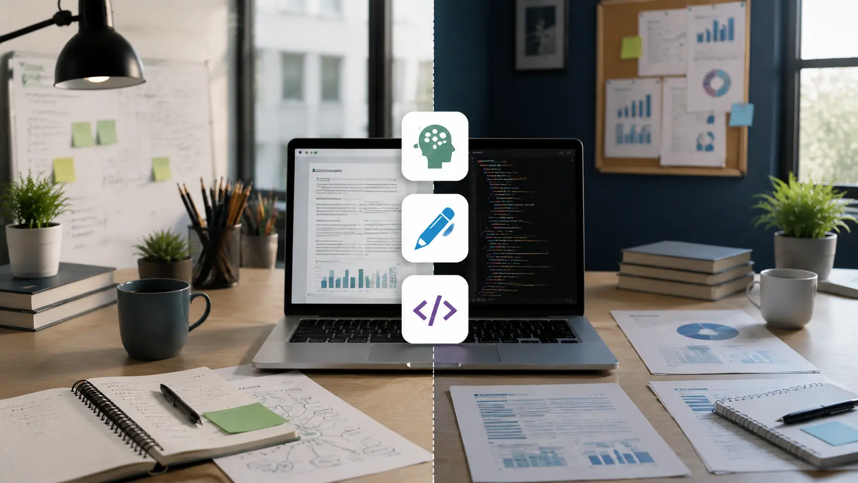 realistic office workspace showing ai task comparison with laptop documents coding screen and productivity tools on a modern desk