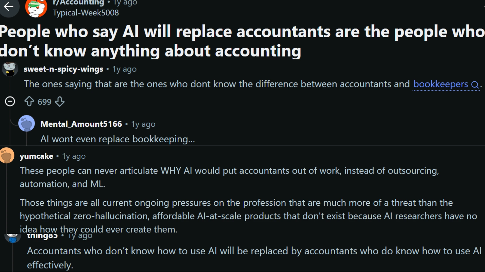 reddit discussion about whether ai will replace accountants and bookkeeping jobs