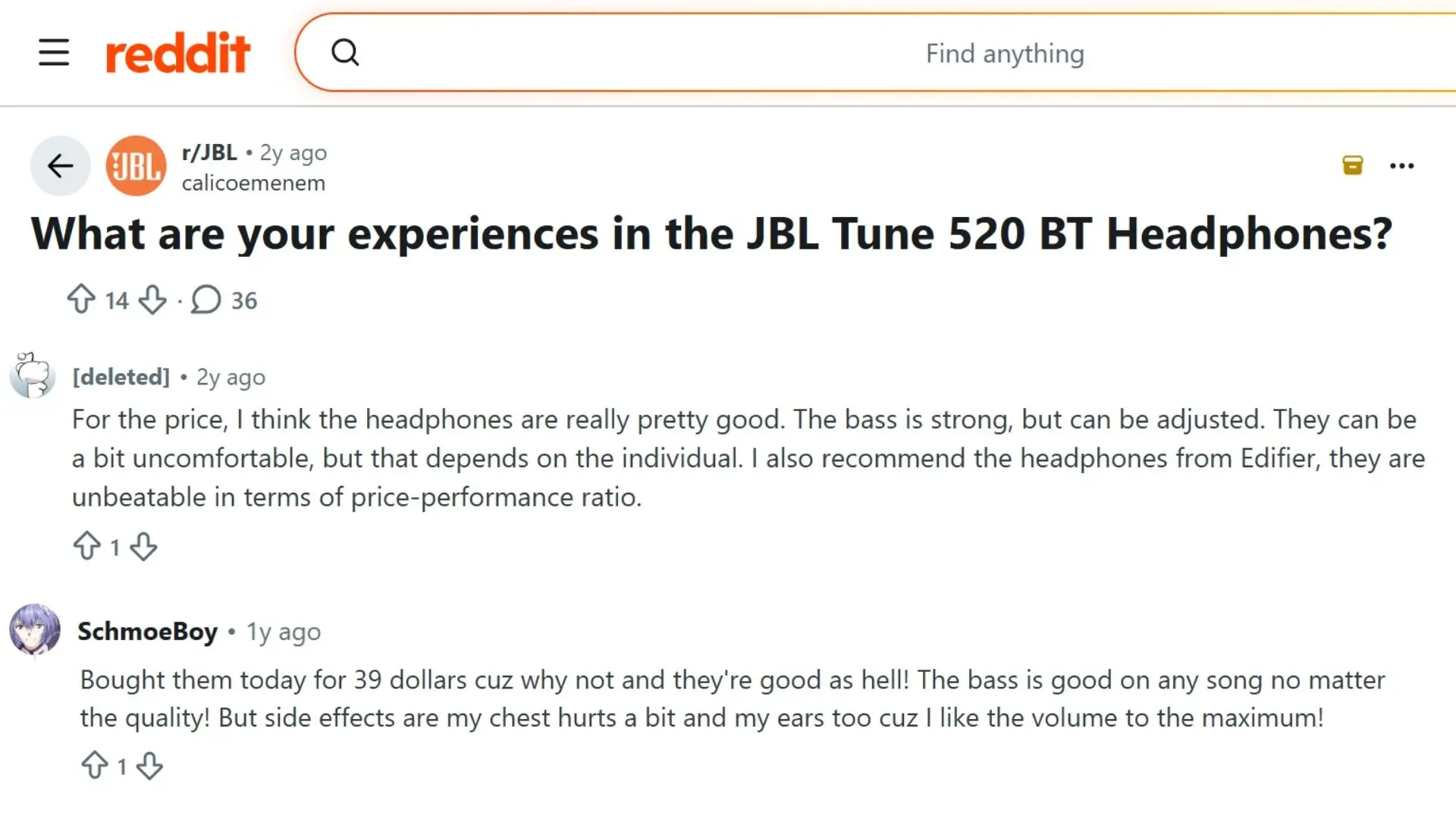 reddit discussion showing jbl tune 520bt owners sharing opinions about bass comfort and value