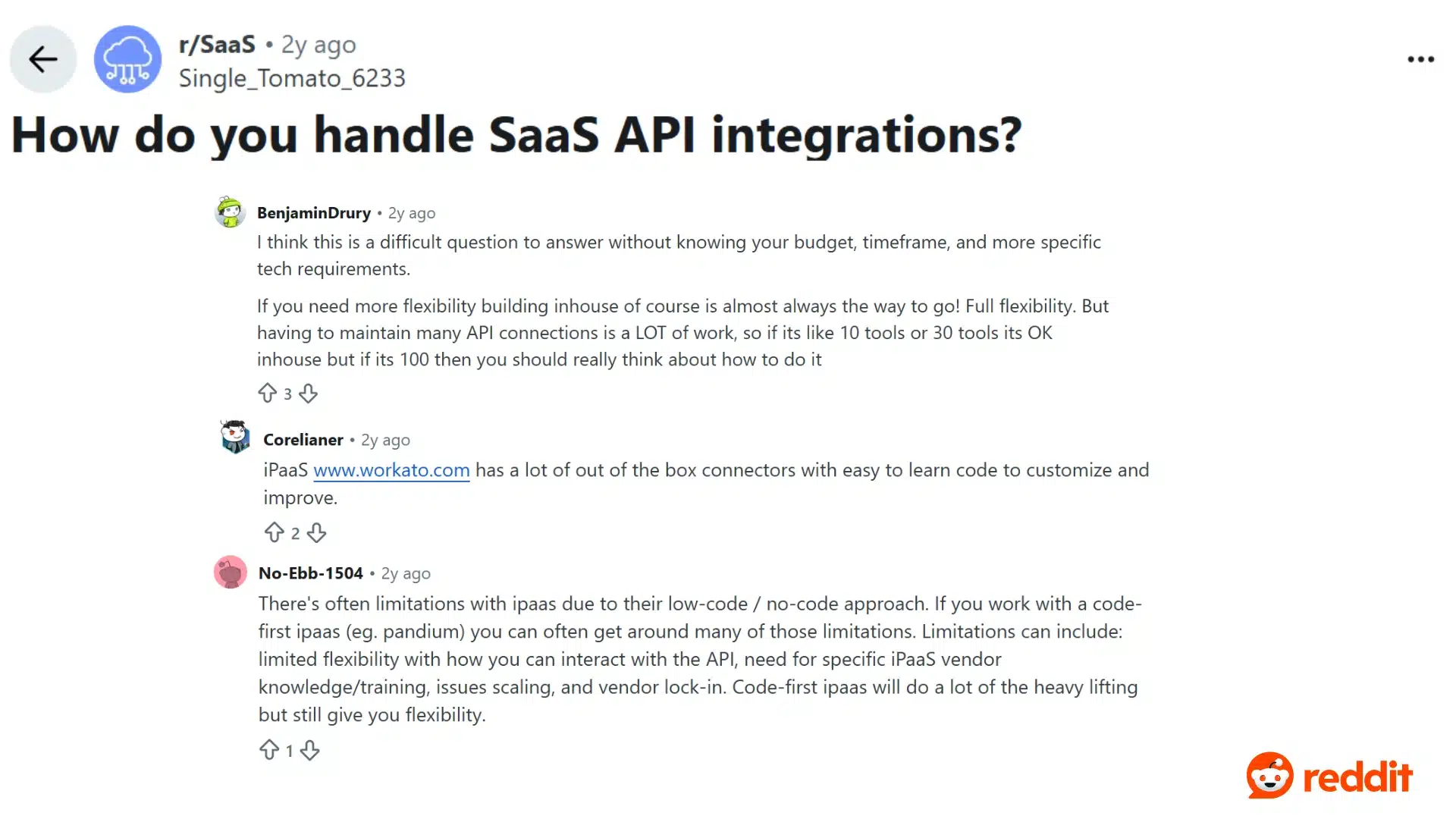 reddit discussion showing SaaS users comparing API integrations, iPaaS tools, and custom software solutions