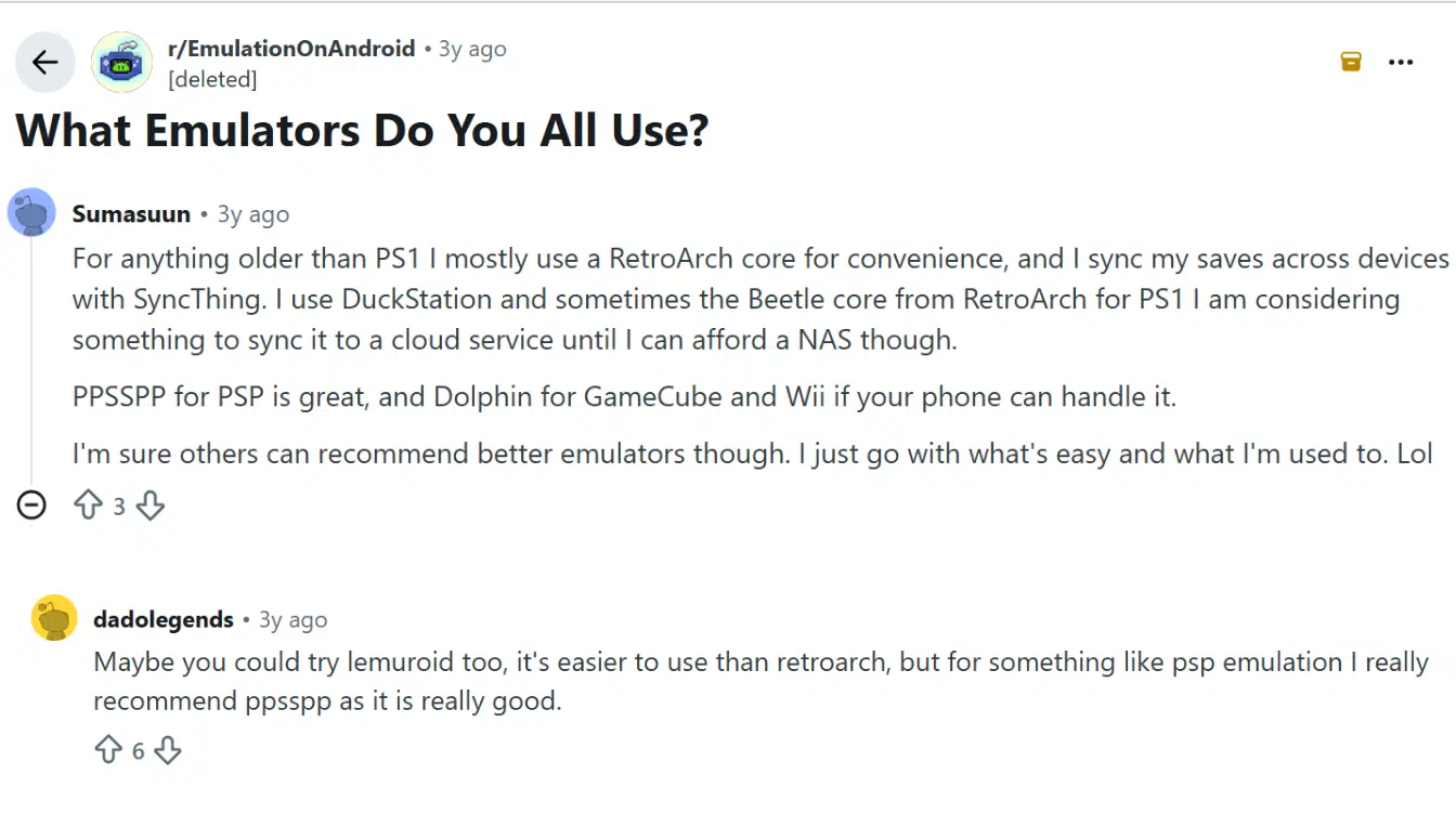 reddit users discussing their favorite android emulators for gaming and retro consoles