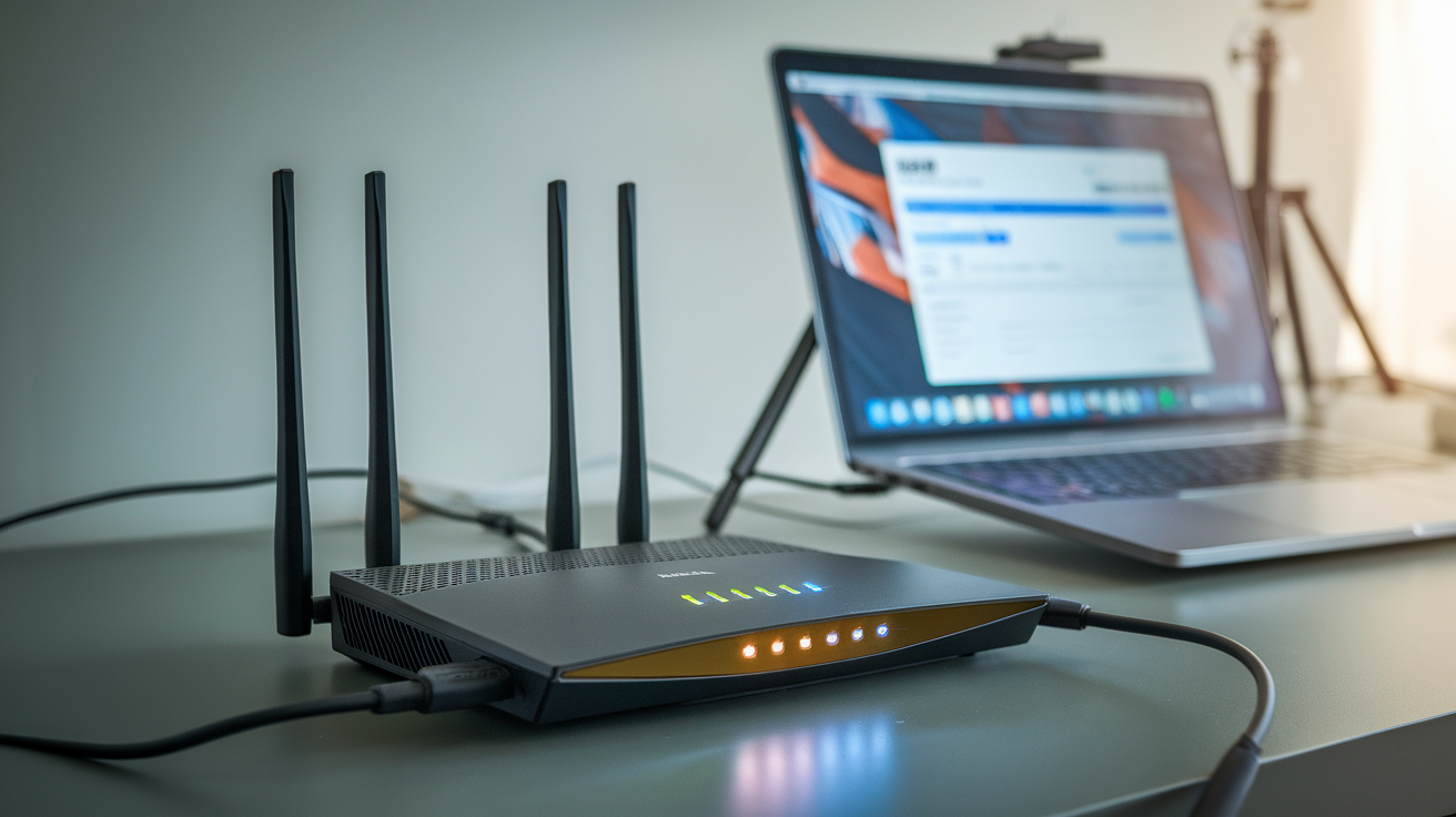 router and laptop showing network settings used to find the router ip address in a home setup