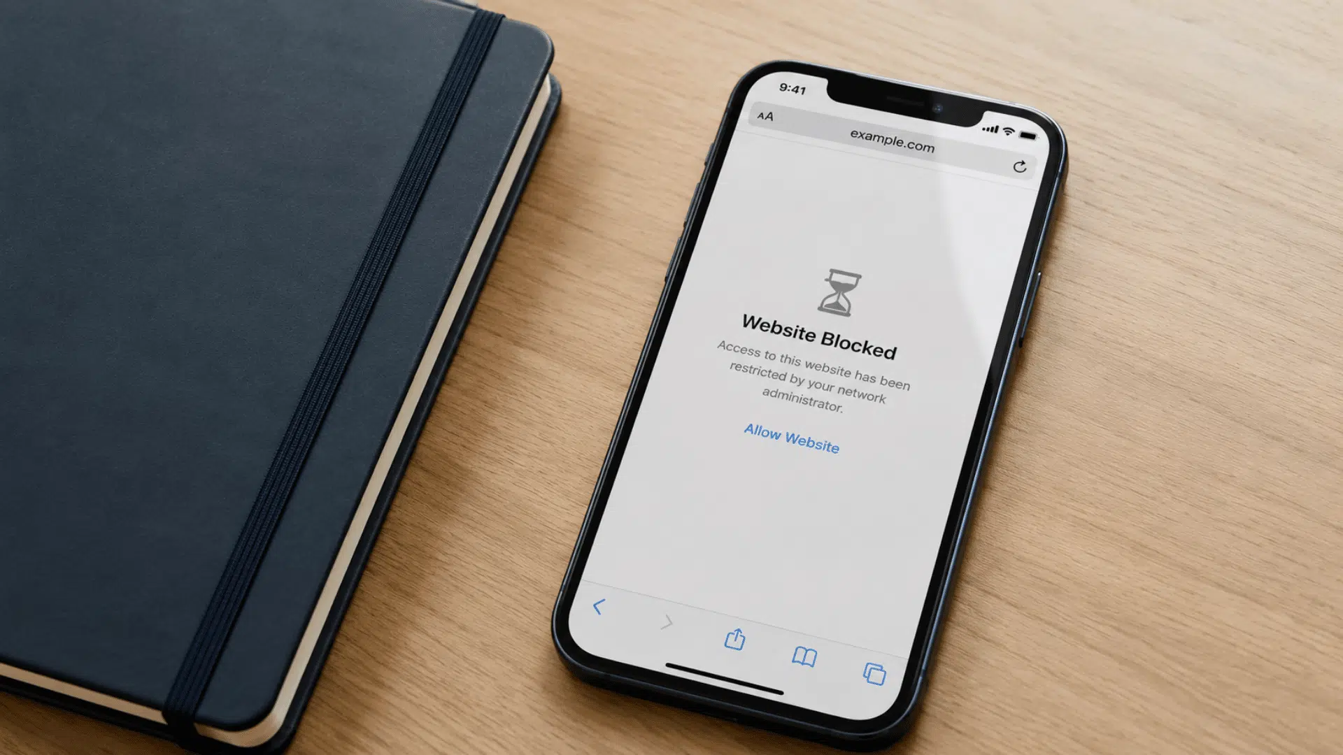 Safari displaying a blocked website restriction message on an iPhone