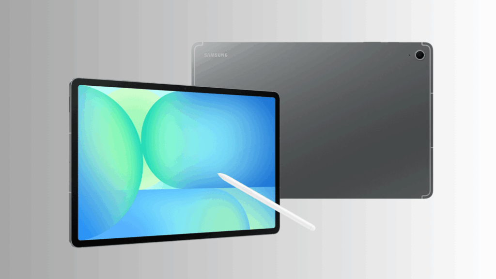 samsung galaxy tab s10 fe shown from front and back with s pen stylus on a light gray background