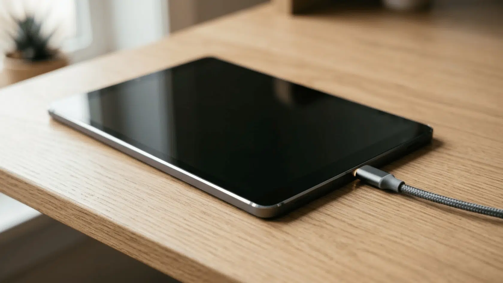 samsung galaxy tab s10 fe lying on a desk while charging via usb c cable