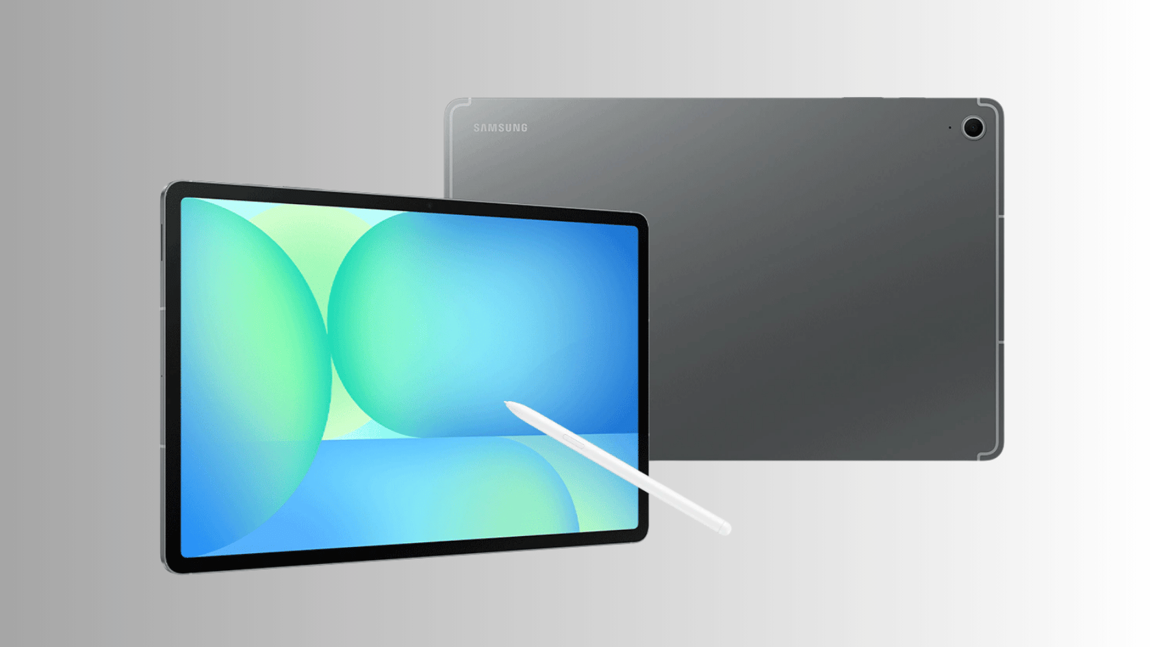samsung galaxy tab s10 fe shown from front and back with s pen stylus on a light gray background