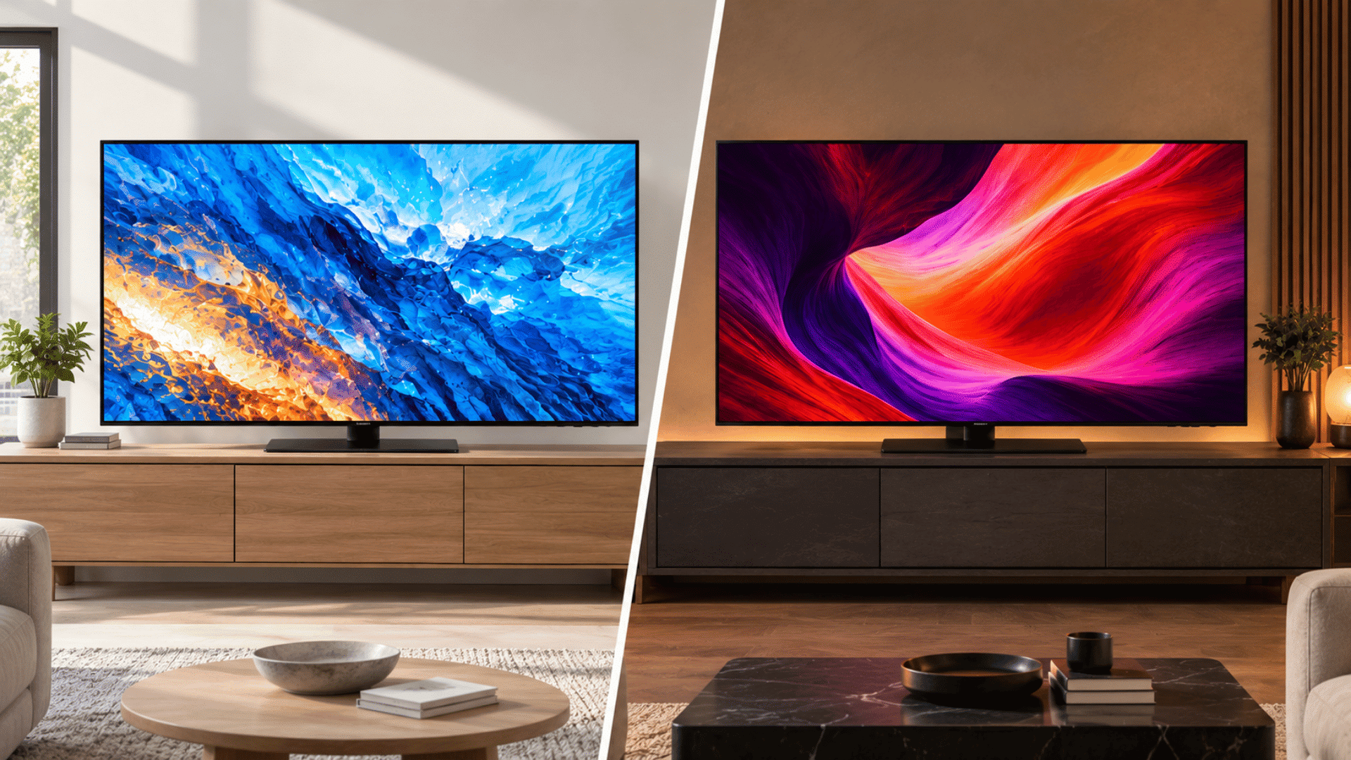 Samsung TV and LG TV side by side in a modern living room comparison setup