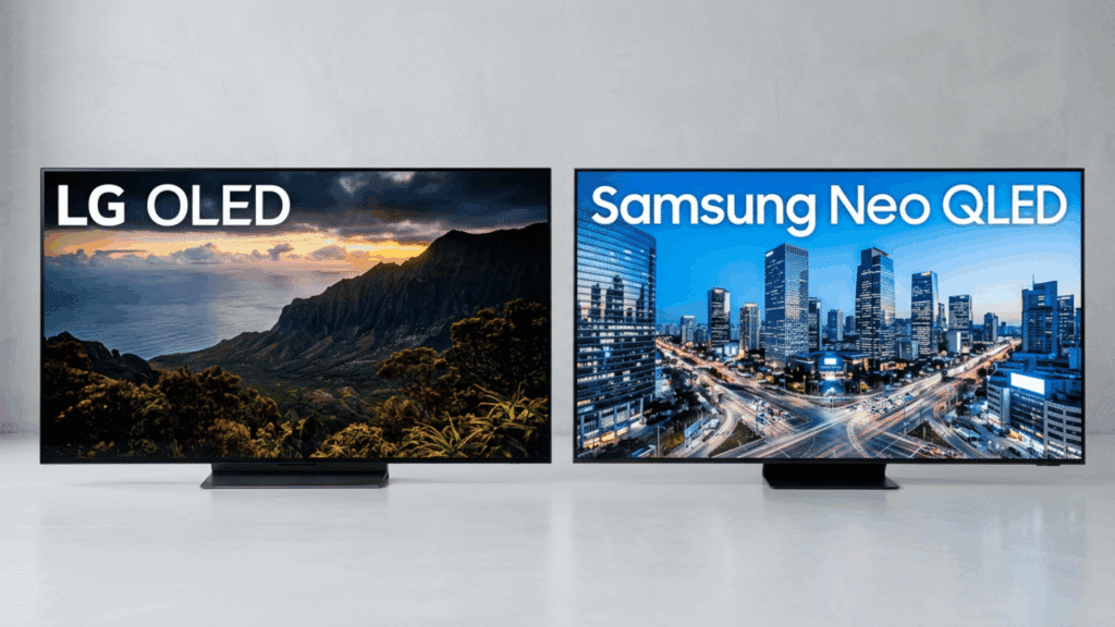 Samsung Neo QLED and LG OLED TVs side by side for comparison