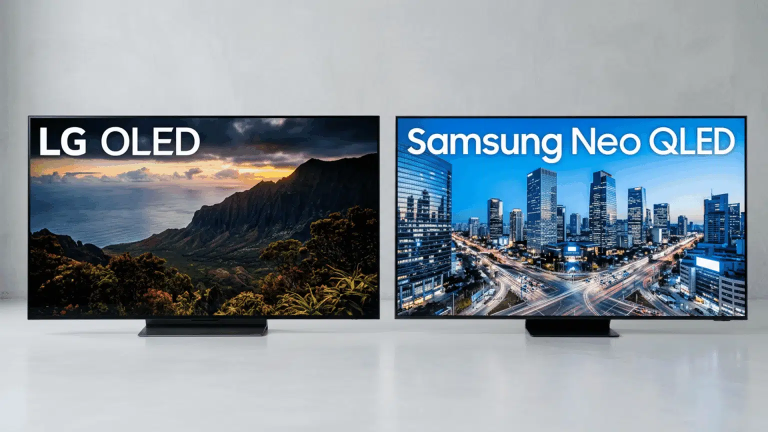 Samsung Neo QLED and LG OLED TVs side by side for comparison