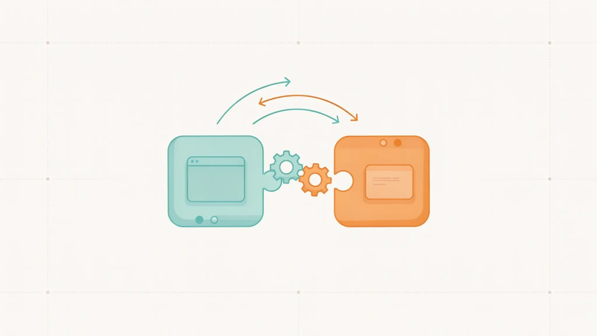 software integration testing illustration showing connected application modules with gears and data flow arrows
