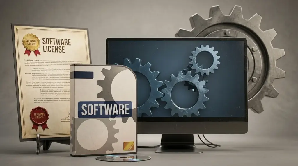 software licensing agreement and softoware book with title and grey background with computer
