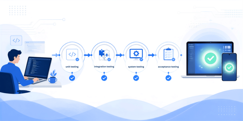 software testing stages workflow showing unit integration system and acceptance testing from code development to release