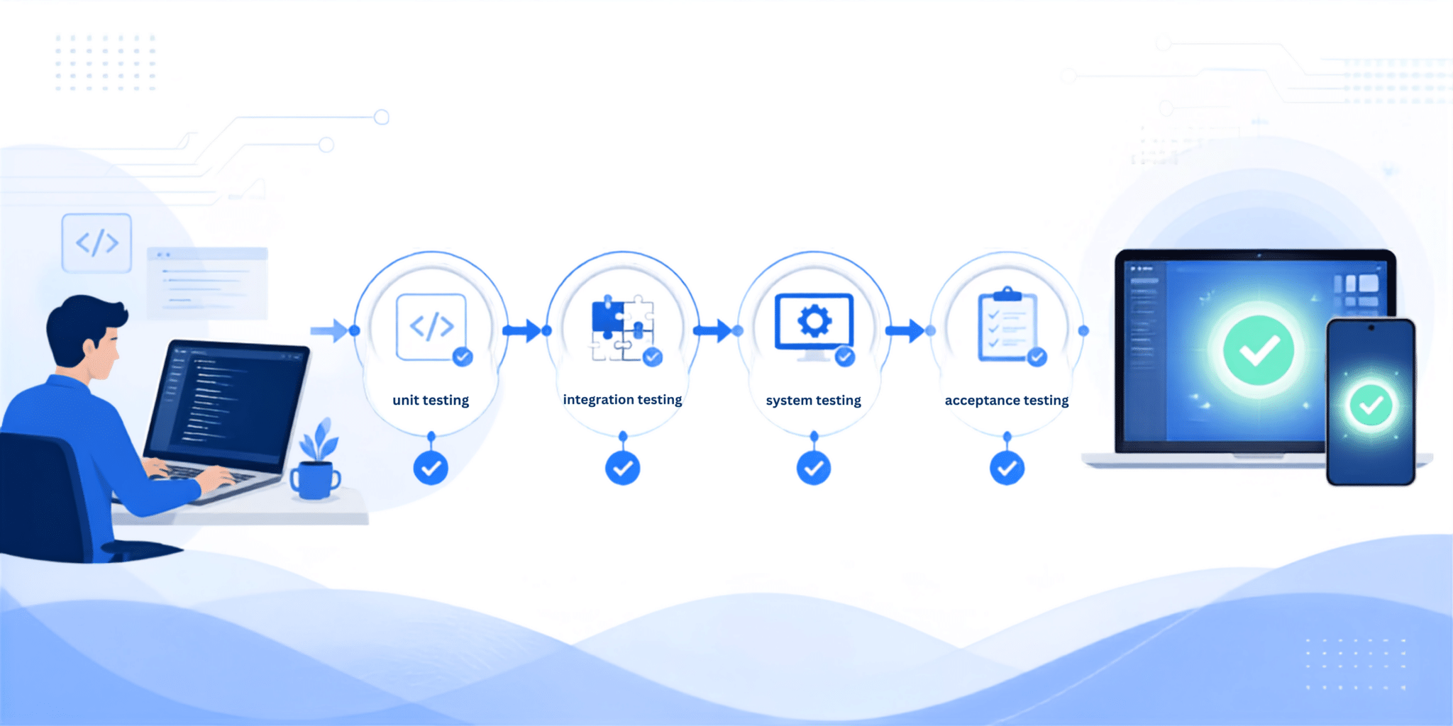 software testing stages workflow showing unit integration system and acceptance testing from code development to release