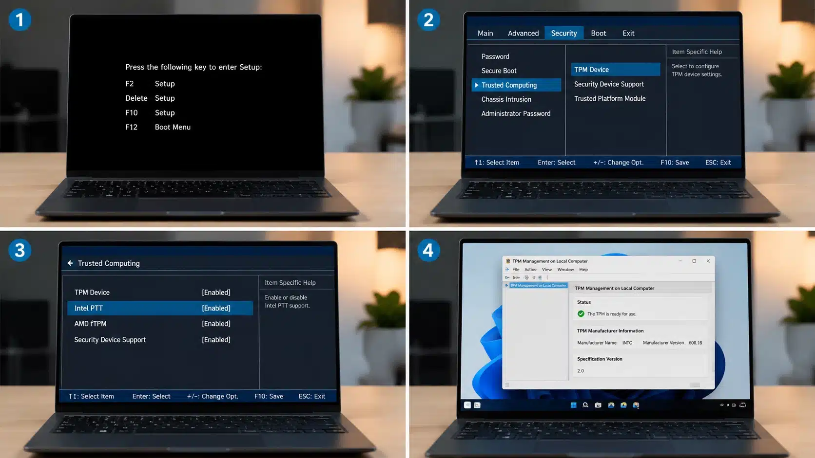 split laptop guide showing steps to enable and verify tpm 2.0 in bios