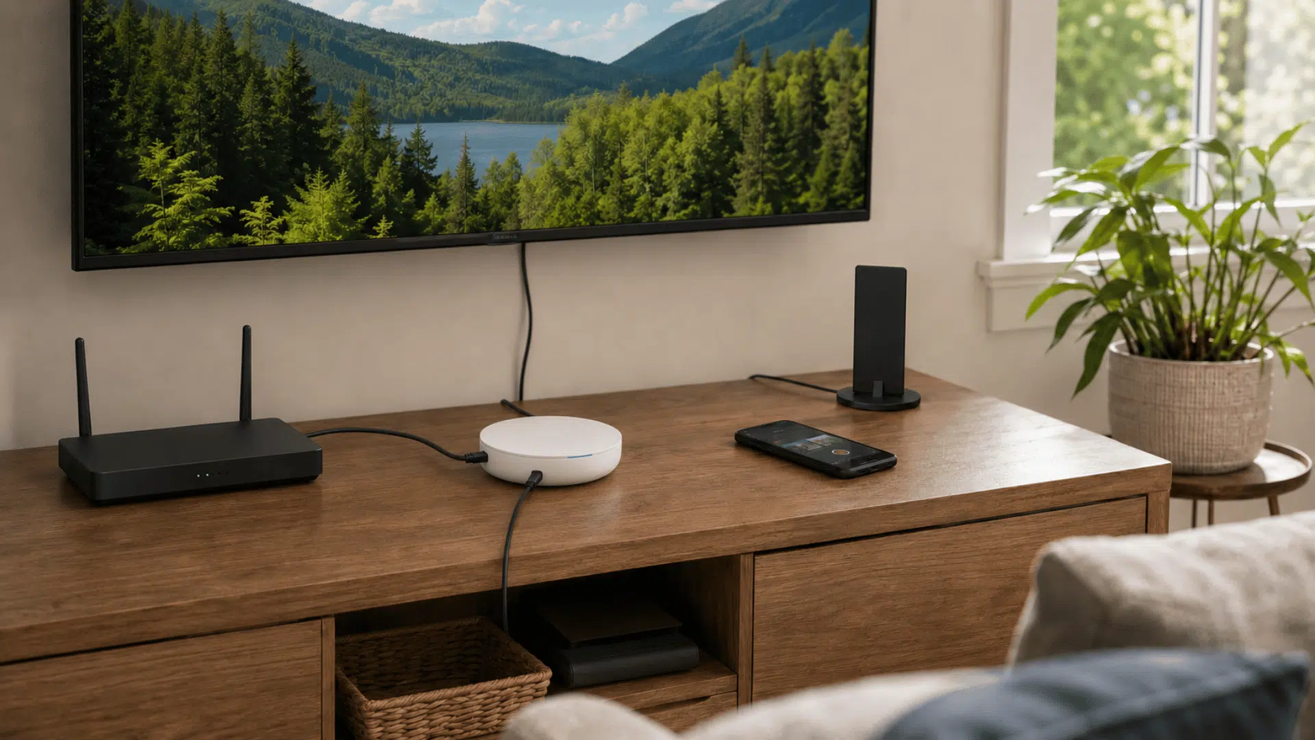 tablo TV device beside a router, antenna, and smartphone on a ventilated media console