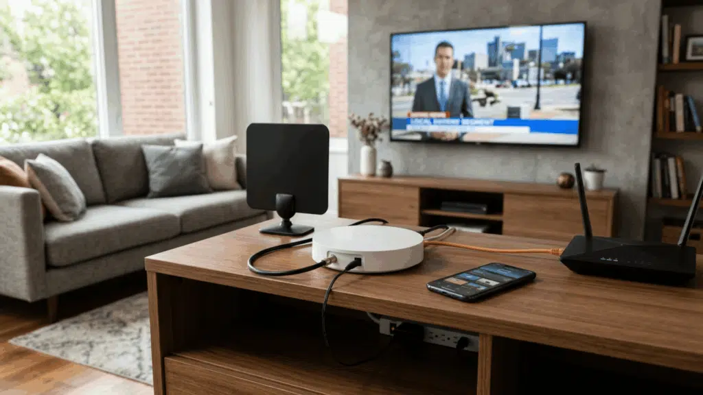 tablo TV device connected to an antenna and Wi-Fi router in a modern living room