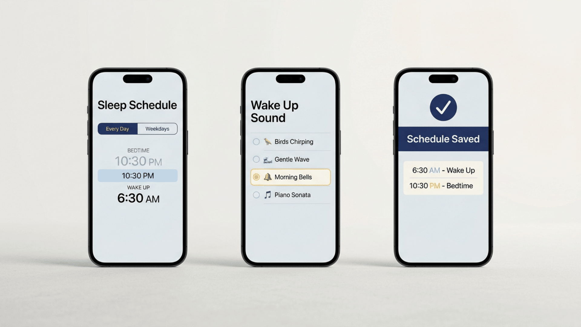 Three iPhones showing how to change a sleep schedule and select a wake-up sound.