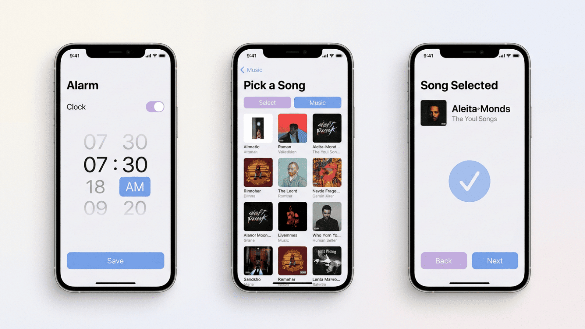Three iPhones showing how to choose a song and set it as an alarm sound.