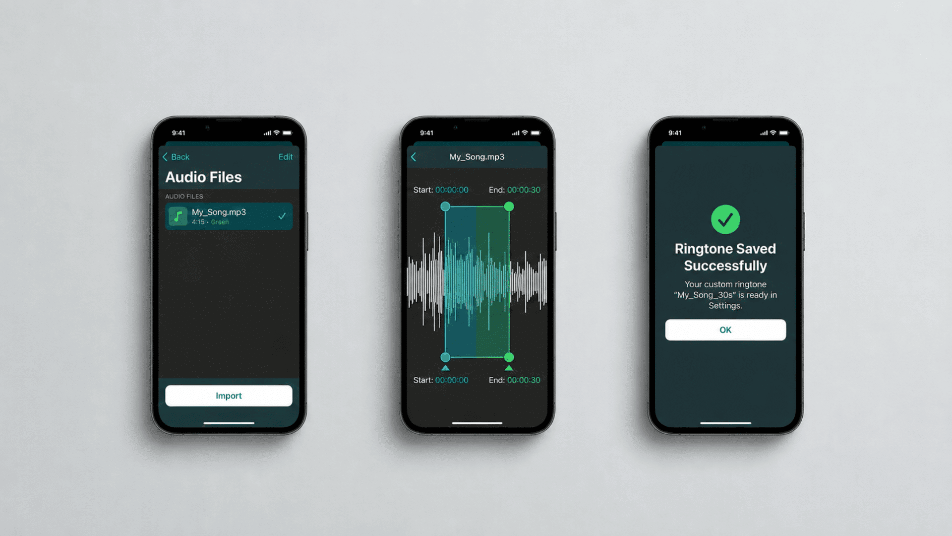Three iPhones showing how to import, trim and save a custom alarm ringtone.