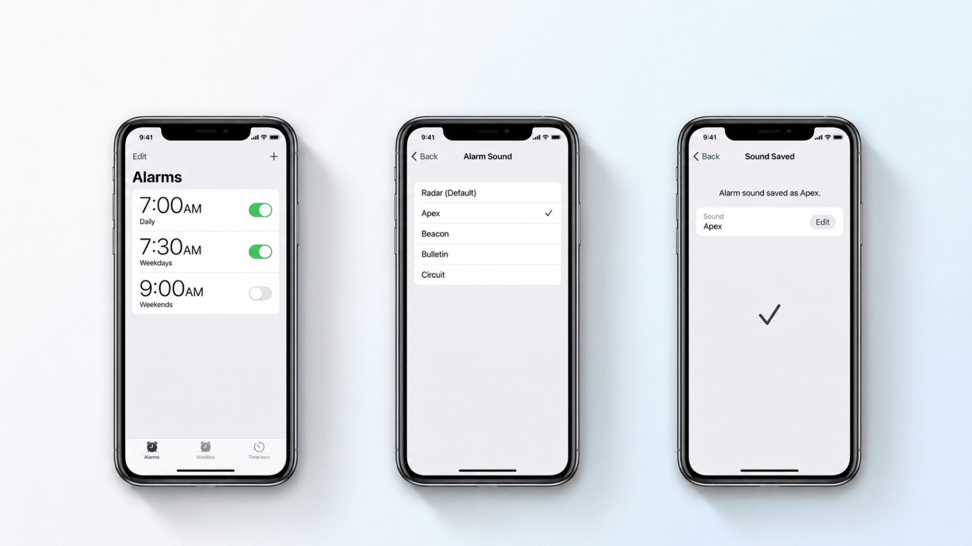 Three iPhones showing how to select and save a new alarm sound in the Clock app.