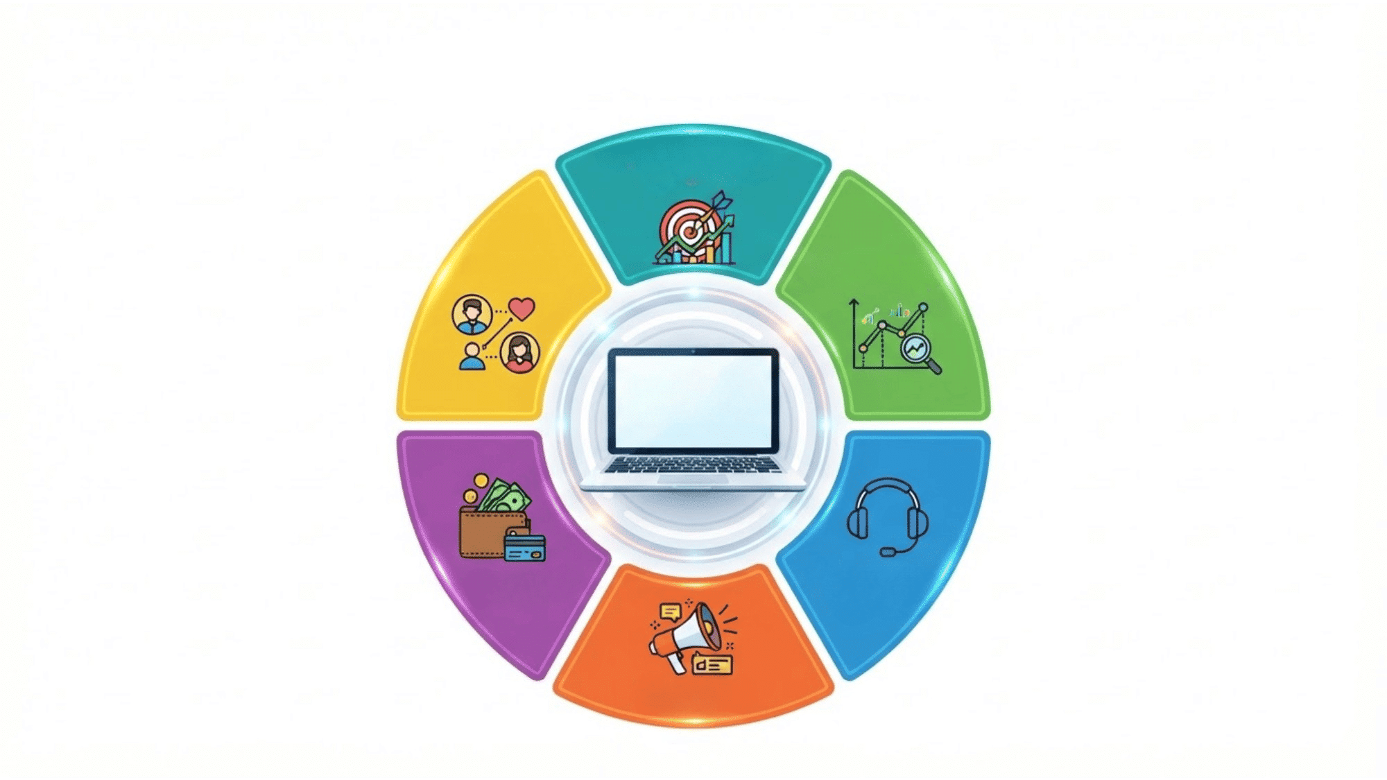 CRM cycle diagram showing customer, KPI, monitoring, service, promotion, payment stages