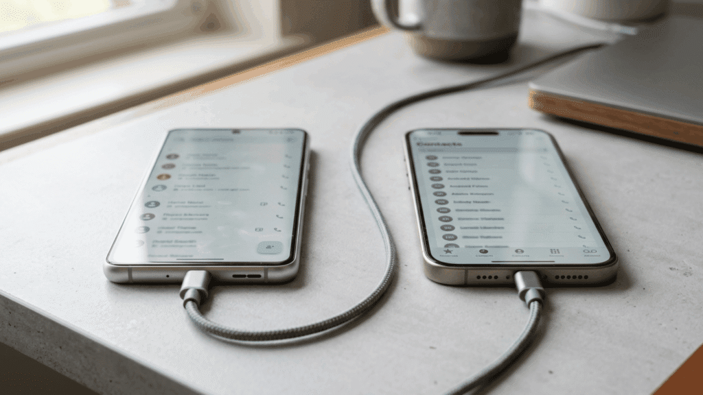 android and iphone connected by cables with contact lists shown on both screens.