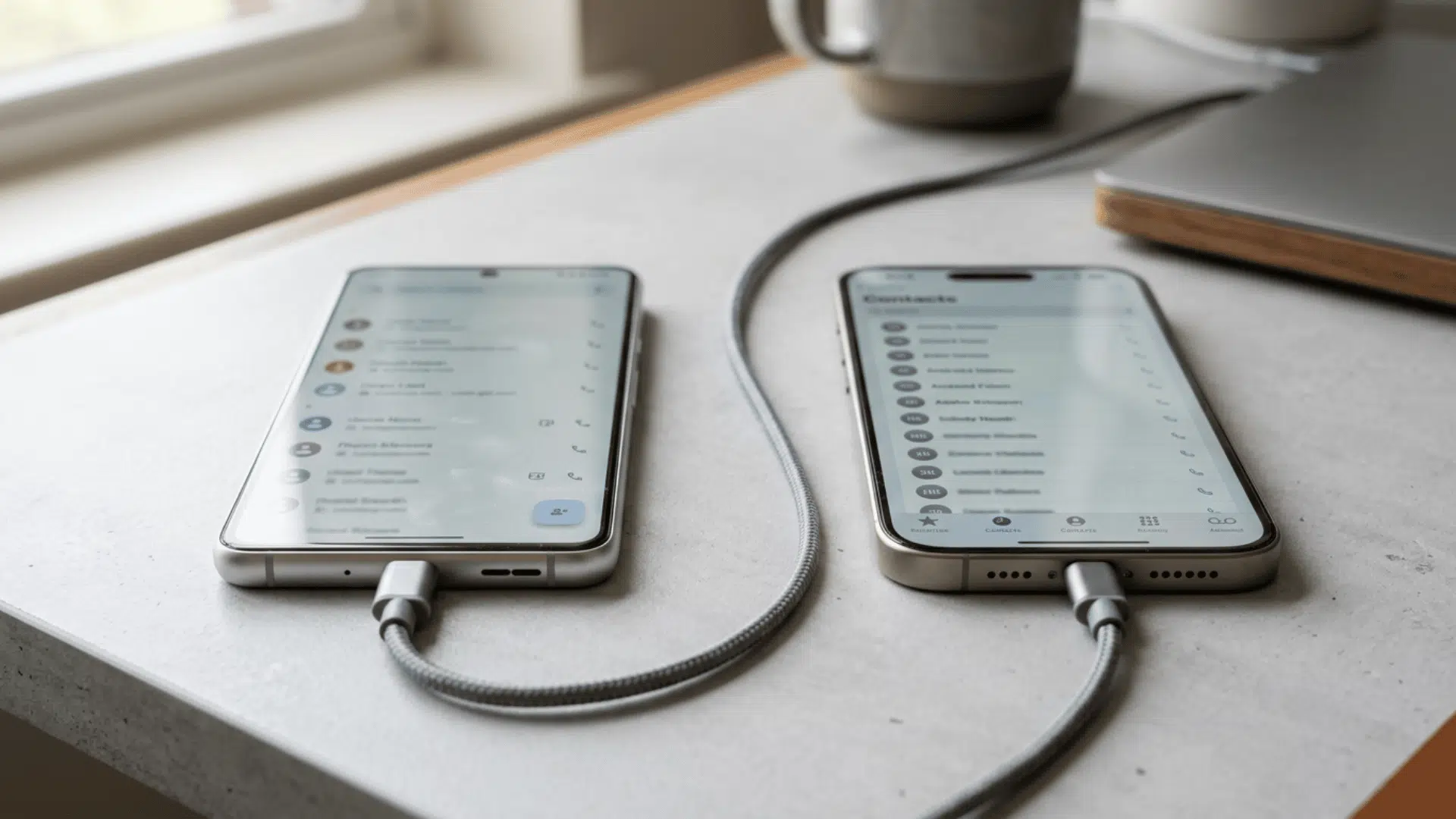 android and iphone connected by cables with contact lists shown on both screens.