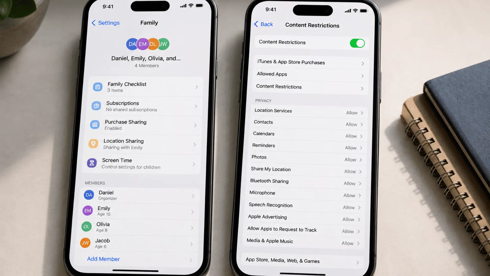 Two iPhones showing Family settings and website restrictions