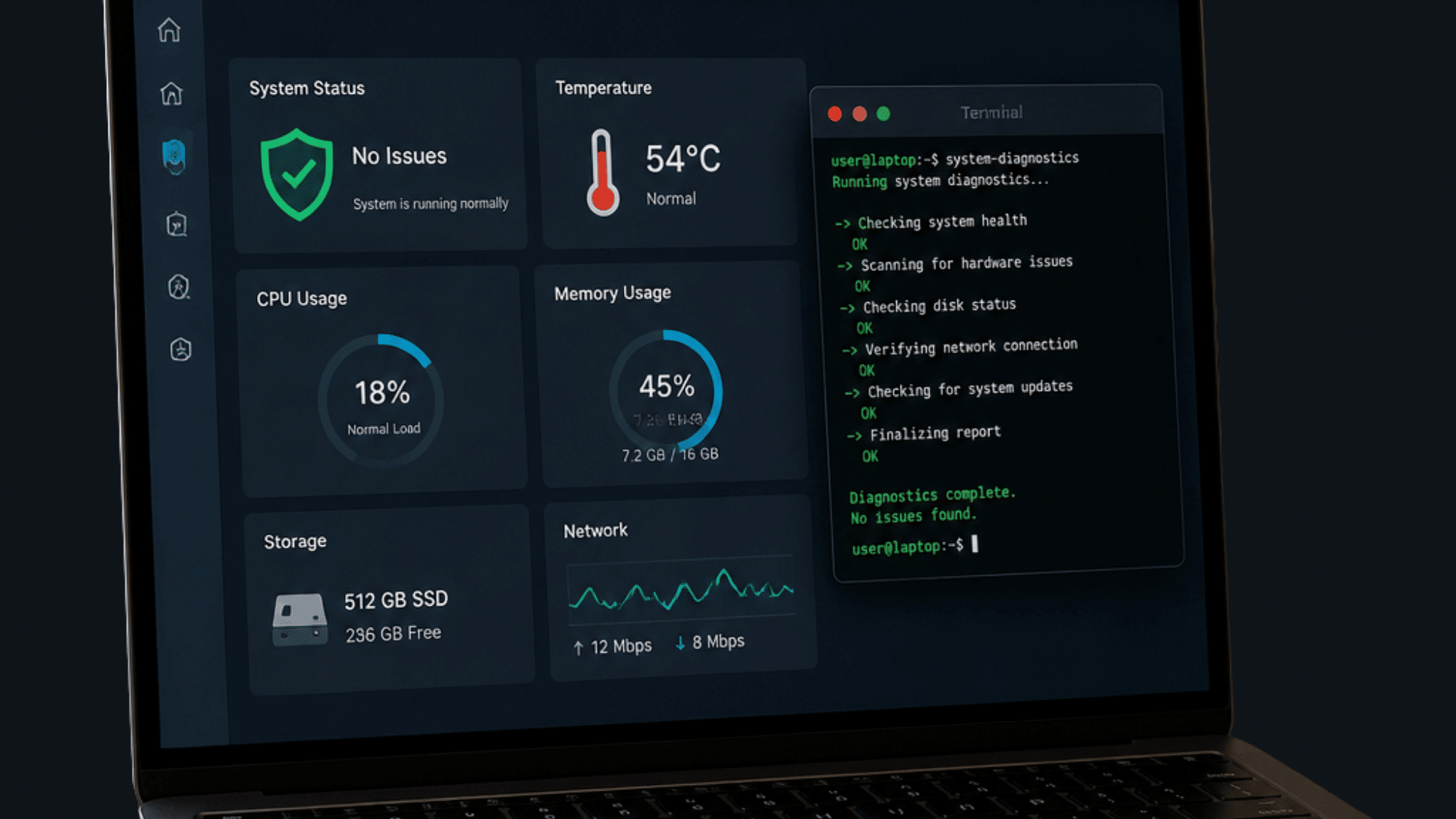 Laptop screen showing SSD health dashboard with system status, temperature, and storage metrics.