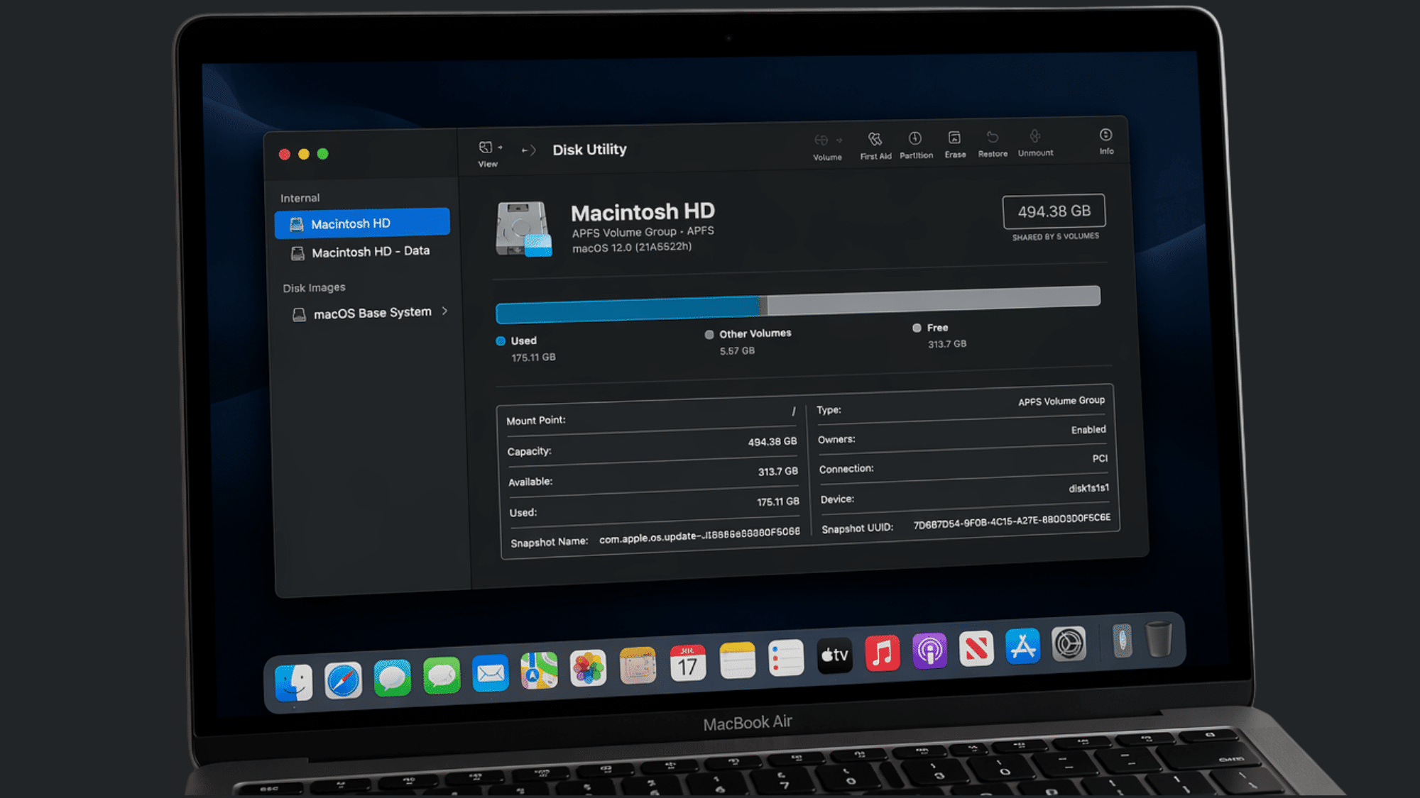 MacBook Air screen showing Disk Utility with Macintosh HD storage details and usage breakdown.