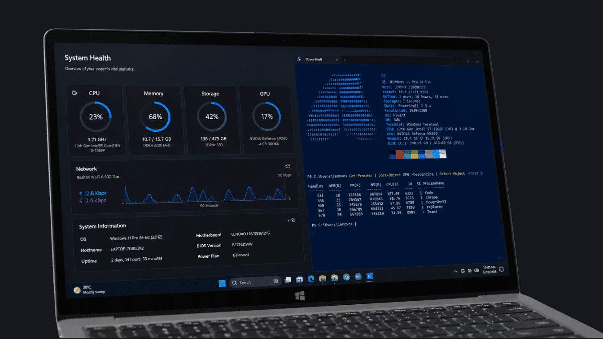 Windows laptop screen showing System Health dashboard with CPU, memory, storage, GPU stats, and PowerShell terminal.