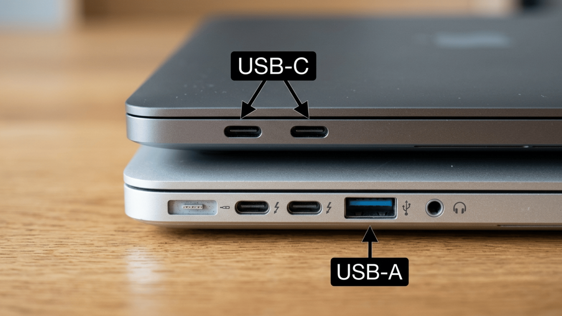 USB-C and USB-A ports shown on laptops for comparison