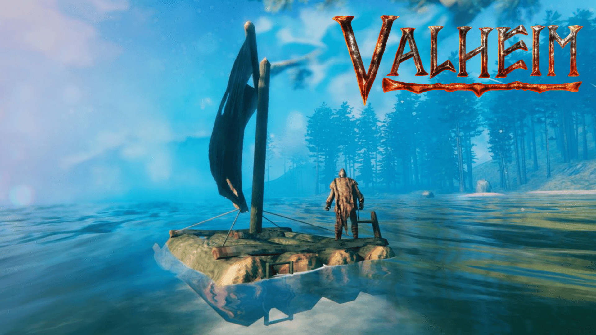 Valheim Viking sails a small raft beside a forested coast under a clear blue sky
