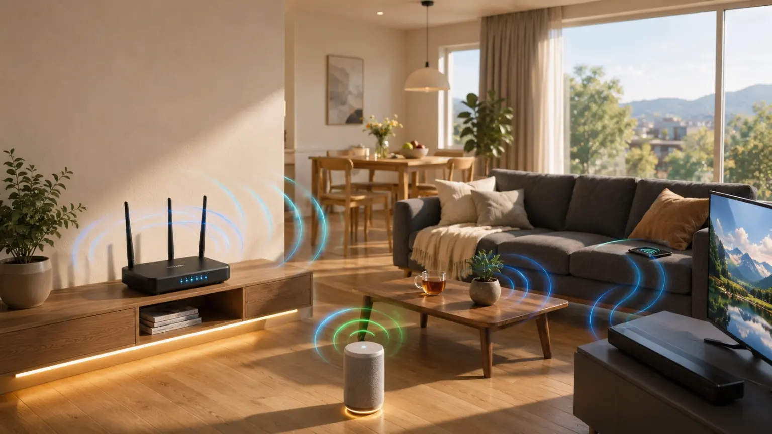 image showing living room with a dual band router connecting to multiple devices at the same time