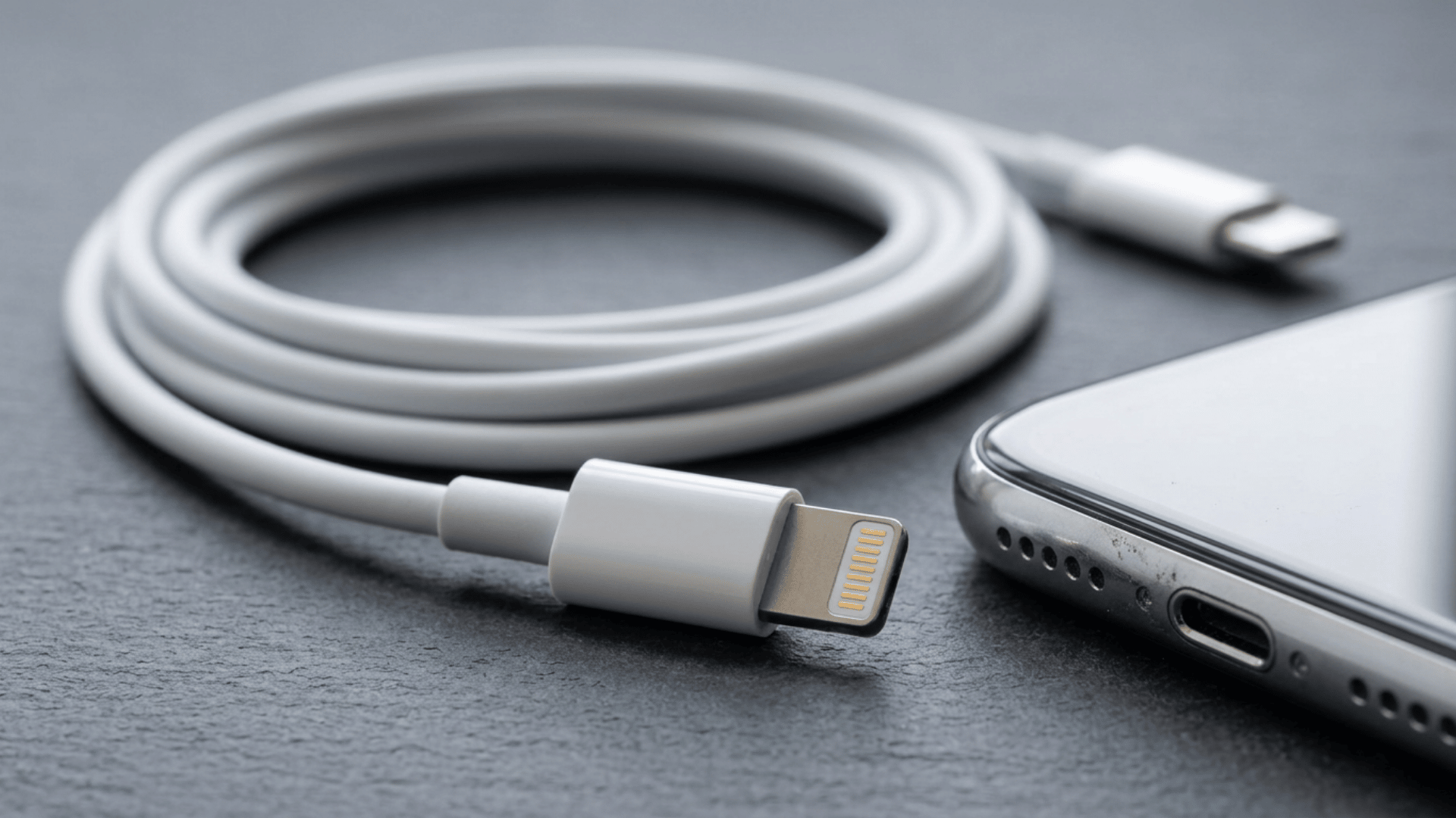white lightning cable beside a silver smartphone on a dark textured surface