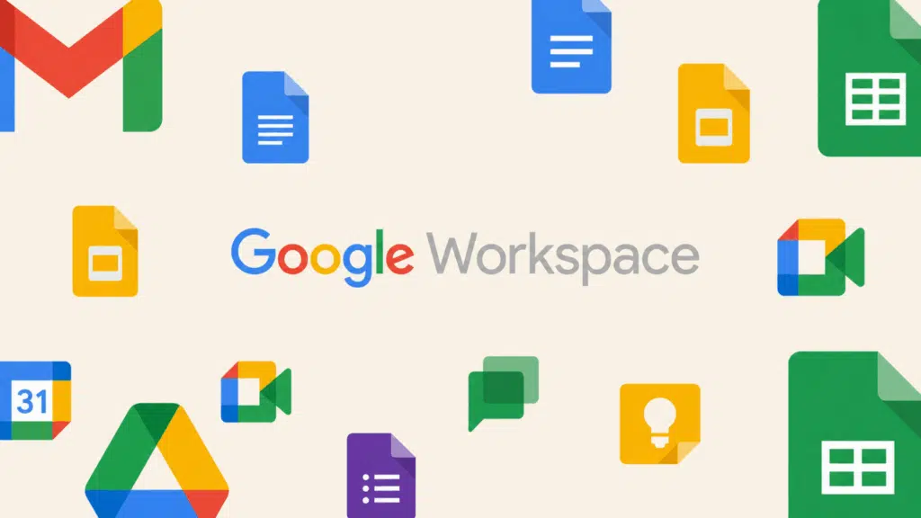 google workspace logo surrounded by colorful gmail, docs, sheets, and meet icons