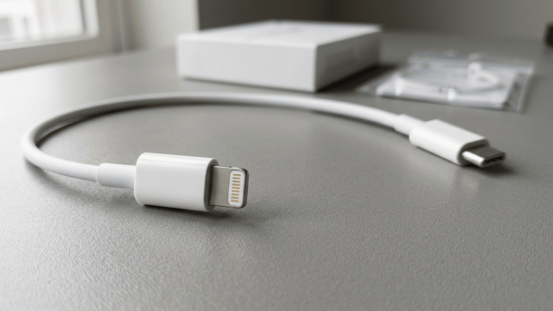 white lightning-to-usb-c cable resting on a gray desk near its packaging