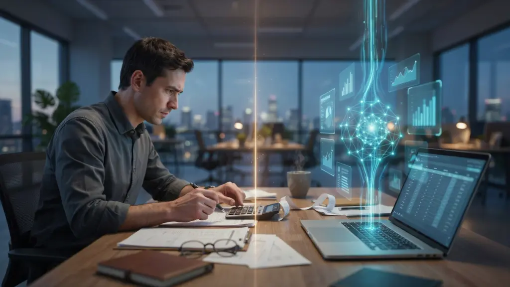 photo of an accountant at a desk, looking at a laptop screen with a spreadsheet and a simple ai chat panel open side by side