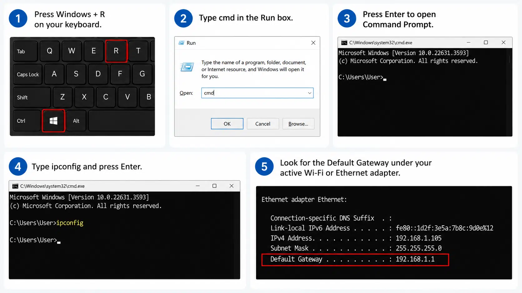 windows command prompt steps showing how to find default gateway ip address through network settings