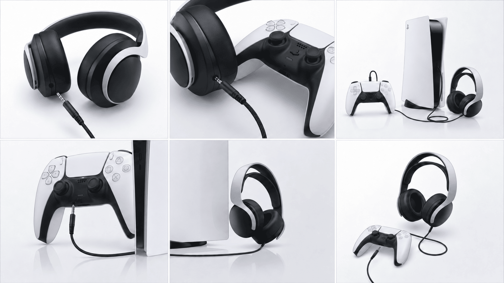 wired headphones connected to a PS5 DualSense controller with an audio cable