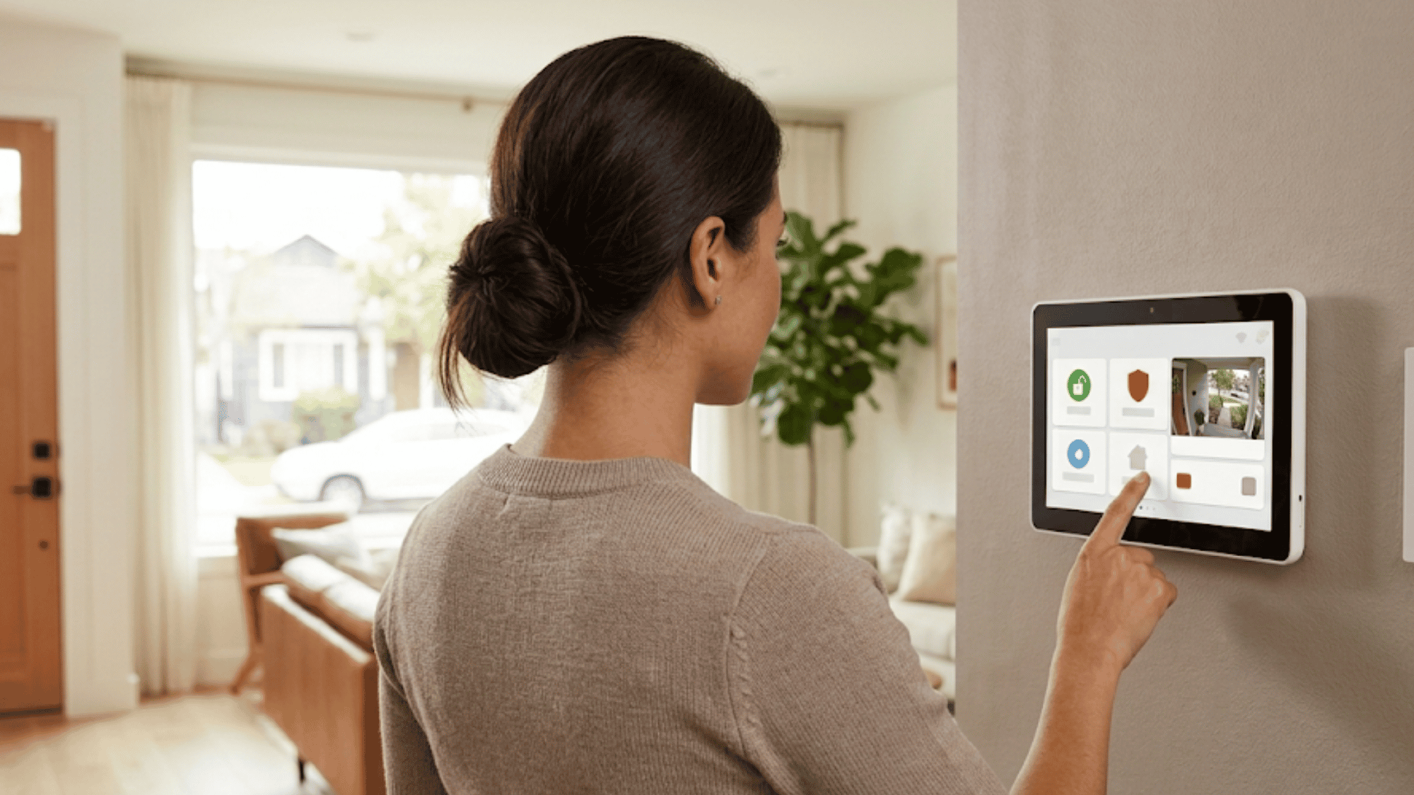 woman using a wall-mounted home security panel in a bright living room near the front entrance area.