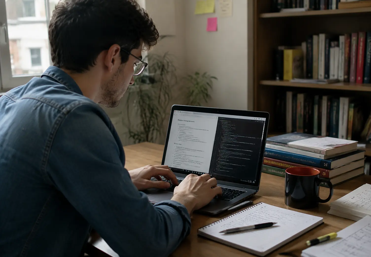 young man using ai tools on a laptop in a natural home office workspace with notes books and coding screen