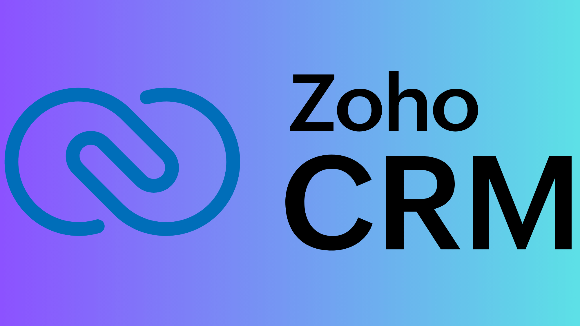 Zoho CRM logo with blue icon and black text on a purple-to-blue gradient background
