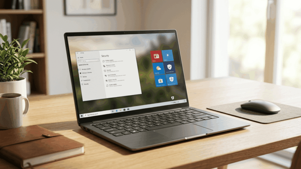 Realistic laptop showing windows 10 s mode interface with security and app features