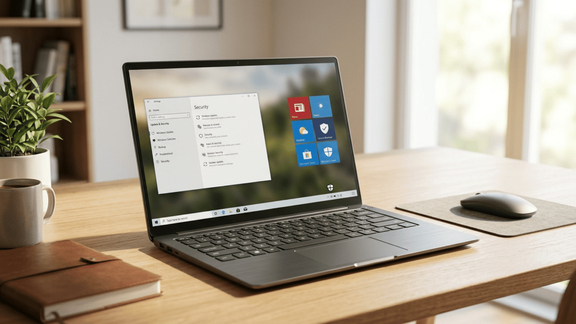 Realistic laptop showing windows 10 s mode interface with security and app features