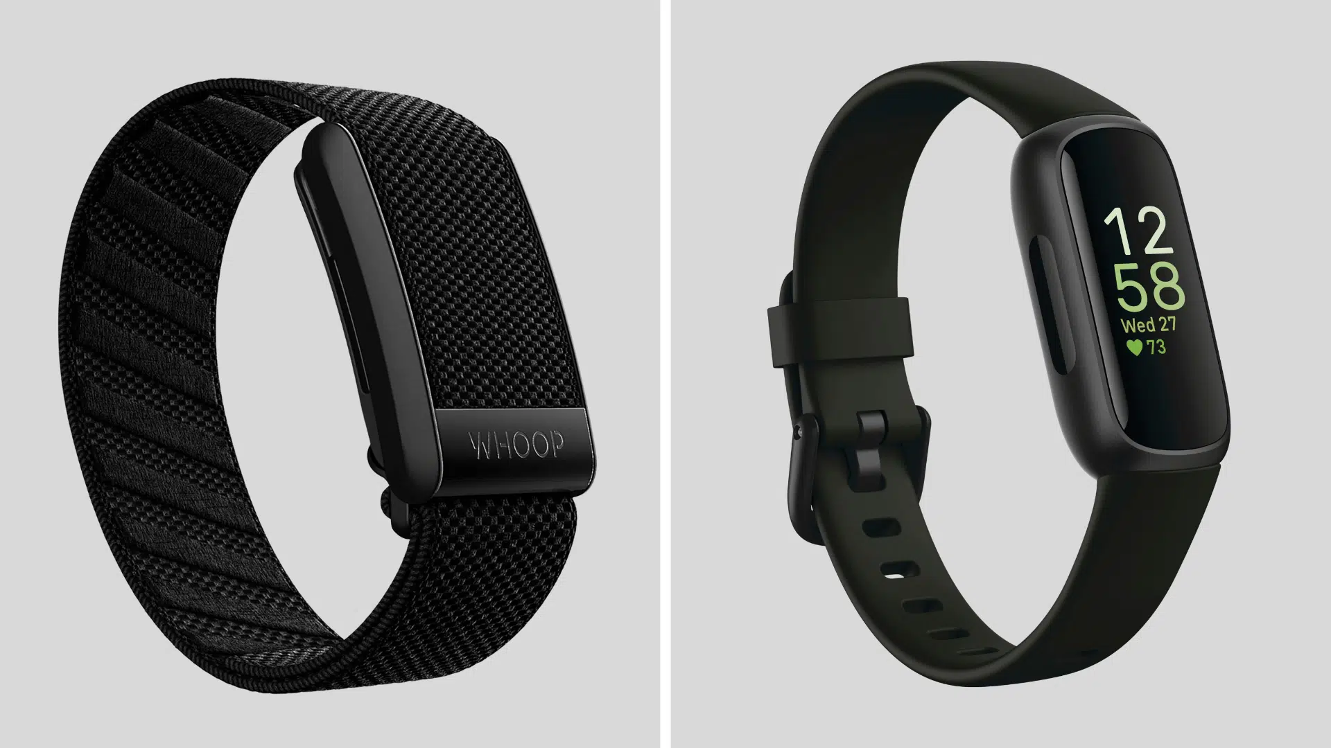 WHOOP and Fitbit fitness bands shown side by side for comparison